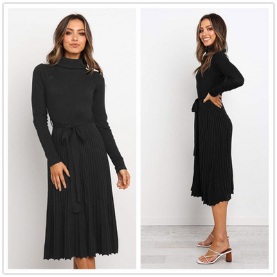 Modern női ruha két modellben V-nyakkal és magas gallérral fekete színben