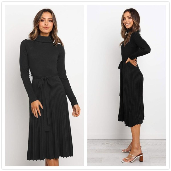 Modern női ruha két modellben V-nyakkal és magas gallérral fekete színben