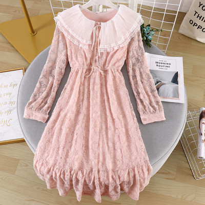 Modern női csipkeruha nyakkendővel és tüllgallérral, négy színben