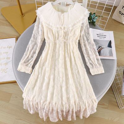 Modern női csipkeruha nyakkendővel és tüllgallérral, négy színben