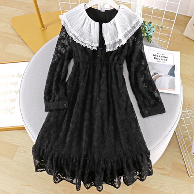 Modern női csipkeruha nyakkendővel és tüllgallérral, négy színben