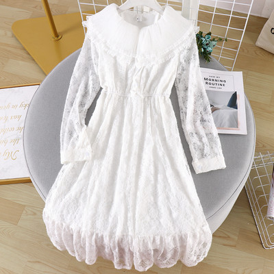 Modern női csipkeruha nyakkendővel és tüllgallérral, négy színben