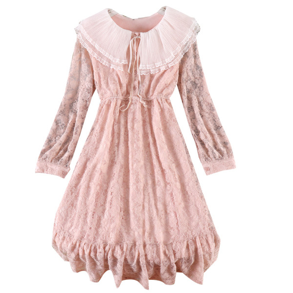 Modern női csipkeruha nyakkendővel és tüllgallérral, négy színben