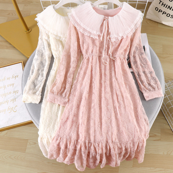 Modern női csipkeruha nyakkendővel és tüllgallérral, négy színben