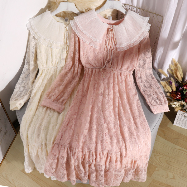 Modern női csipkeruha nyakkendővel és tüllgallérral, négy színben