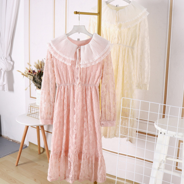 Modern női csipkeruha nyakkendővel és tüllgallérral, négy színben