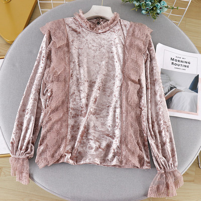 Modern női bársony blúz csipkével és magas gallérral, különböző színekben