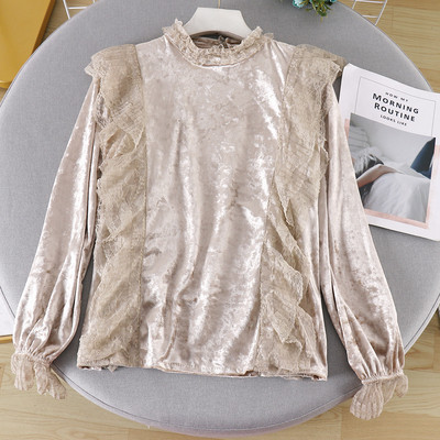 Modern női bársony blúz csipkével és magas gallérral, különböző színekben