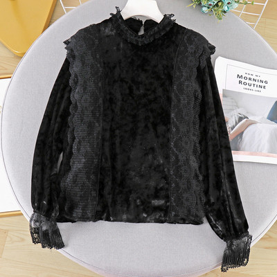 Modern női bársony blúz csipkével és magas gallérral, különböző színekben