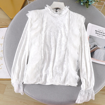 Modern női bársony blúz csipkével és magas gallérral, különböző színekben