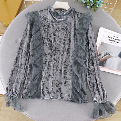 Modern női bársony blúz csipkével és magas gallérral, különböző színekben