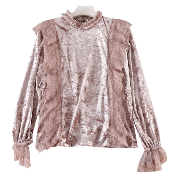 Modern női bársony blúz csipkével és magas gallérral, különböző színekben