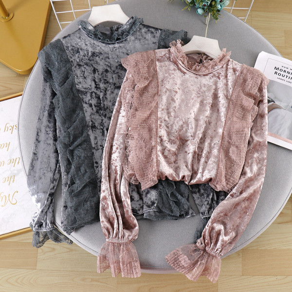 Modern női bársony blúz csipkével és magas gallérral, különböző színekben