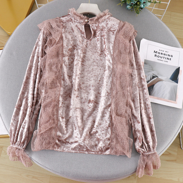 Modern női bársony blúz csipkével és magas gallérral, különböző színekben