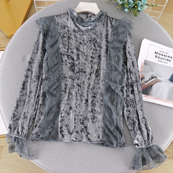 Modern női bársony blúz csipkével és magas gallérral, különböző színekben