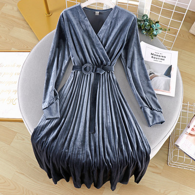 Modern női bársony ruha spitz nyakkivágással és hosszú ujjú három színben