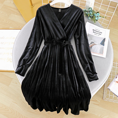 Modern női bársony ruha spitz nyakkivágással és hosszú ujjú három színben