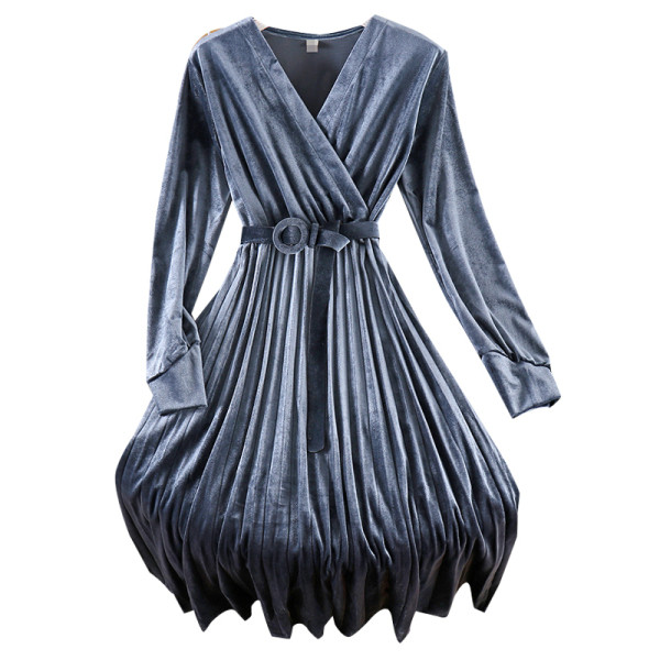 Modern női bársony ruha spitz nyakkivágással és hosszú ujjú három színben