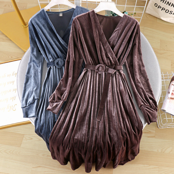 Modern női bársony ruha spitz nyakkivágással és hosszú ujjú három színben