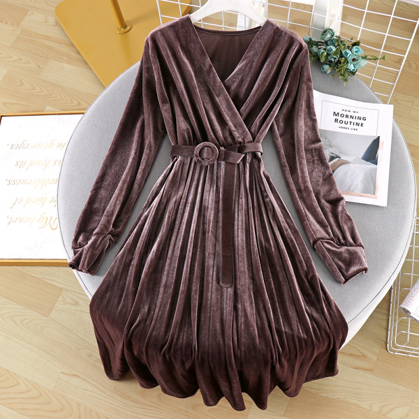 Modern női bársony ruha spitz nyakkivágással és hosszú ujjú három színben