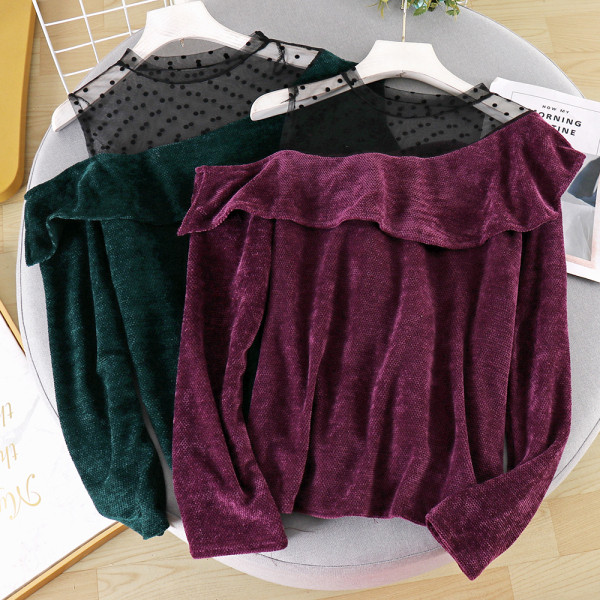 Stílusos női blúz csupasz váll és tüll négy színben