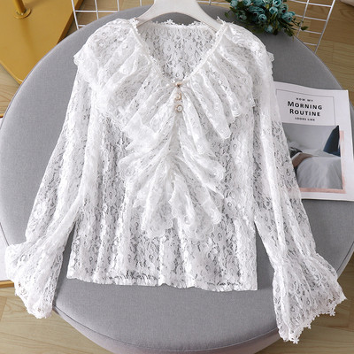 Modern női csipkeblúz gyöngyökkel és spitz nyakkivágással több színben
