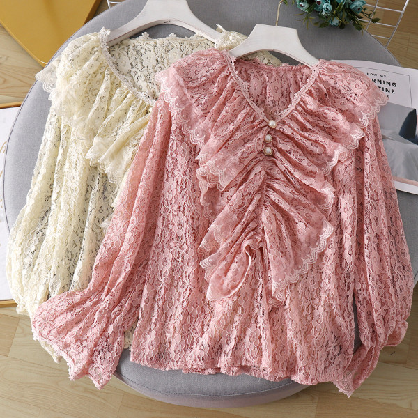 Modern női csipkeblúz gyöngyökkel és spitz nyakkivágással több színben