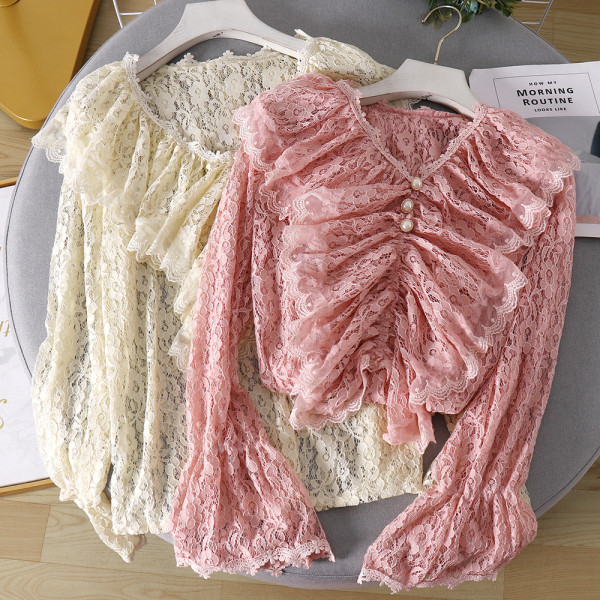 Modern női csipkeblúz gyöngyökkel és spitz nyakkivágással több színben