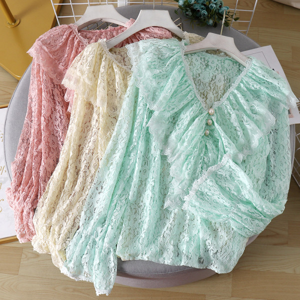 Modern női csipkeblúz gyöngyökkel és spitz nyakkivágással több színben