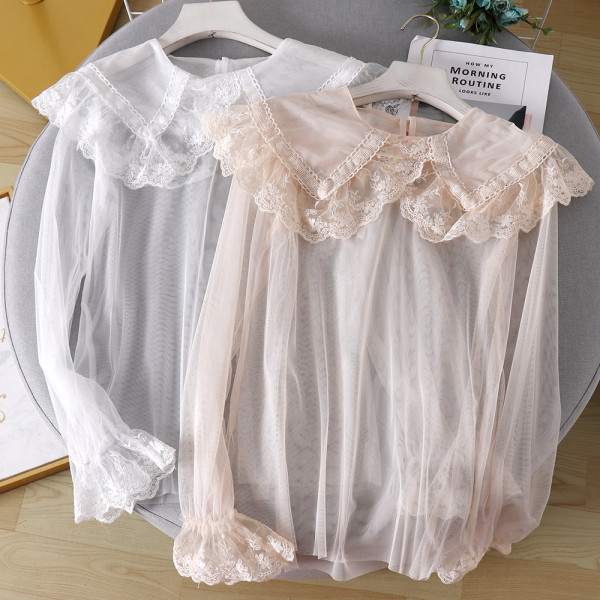 Modern női ing csipkegallérral és hosszú ujjú fehér, bézs és fekete színben