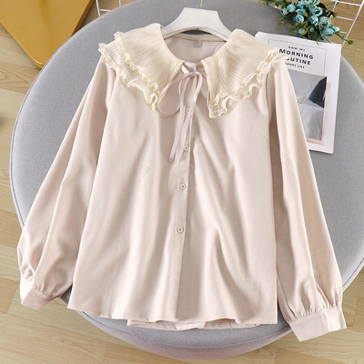 Μοντέρνο γυναικείο πουκάμισο με κορδόνια και λαιμόκοψη O σε καφέ και μπεζ χρώμα