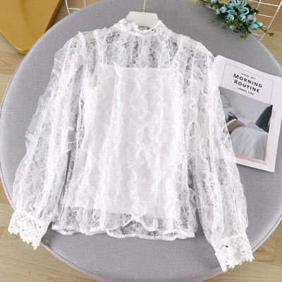 Bluză de damă modernă cu guler înalt și tul în alb, bej și negru