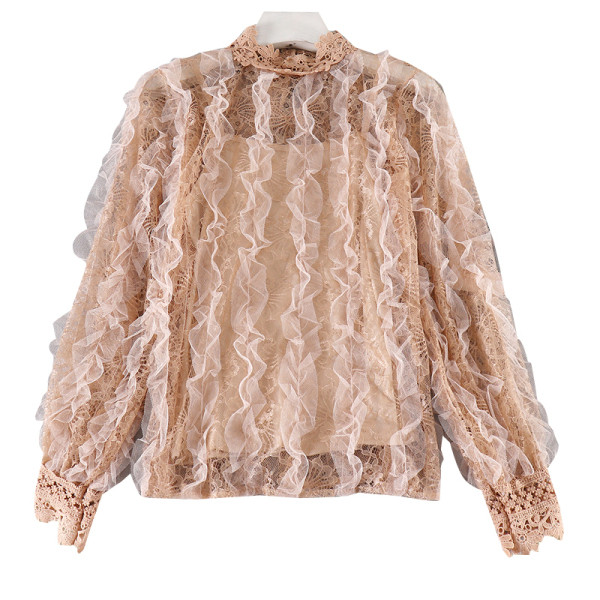 Bluză de damă modernă cu guler înalt și tul în alb, bej și negru