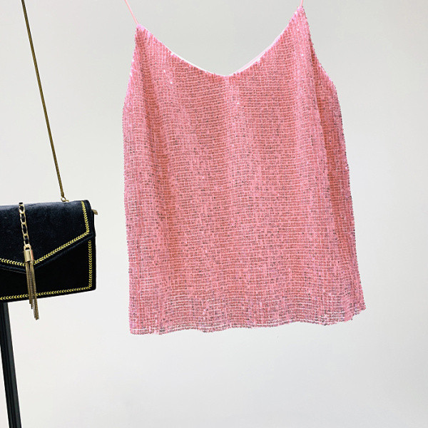 Rövid, modern felső, rózsaszín flitterekkel, vékony pántokkal