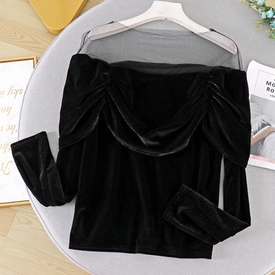 Modern női bársony blúz tüllel, három színben