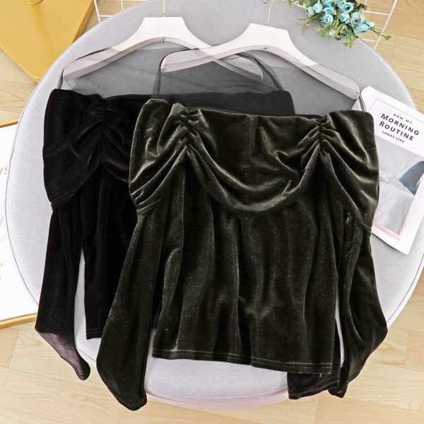 Modern női bársony blúz tüllel, három színben