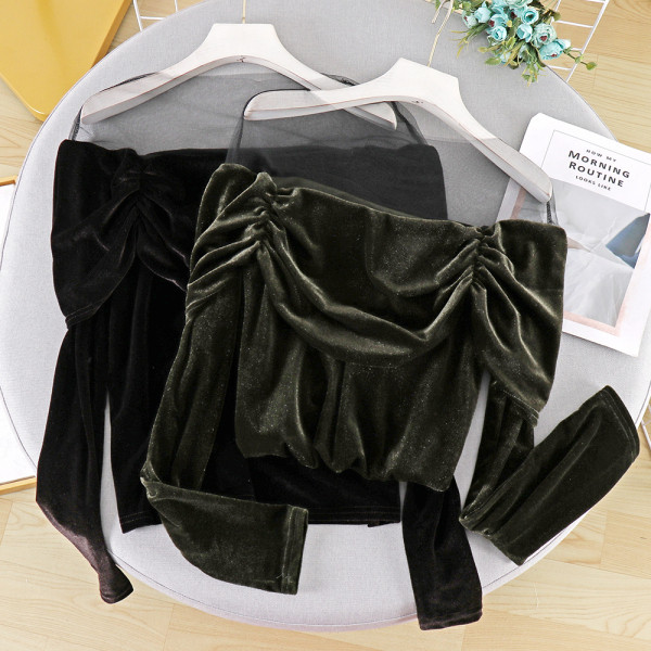 Modern női bársony blúz tüllel, három színben