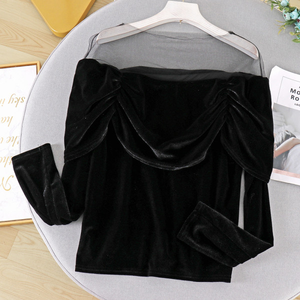 Modern női bársony blúz tüllel, három színben