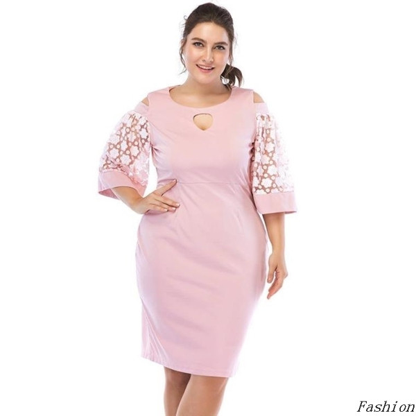 Nagy méretű női rövid ruha 3/4-es ujjal és O-nyakú rózsaszín színben