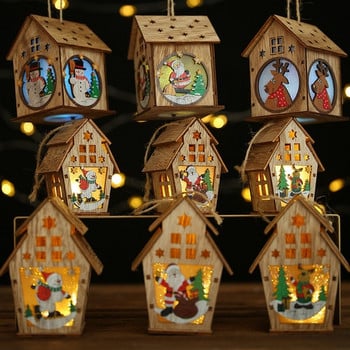 Декоративна дървена къщичка с коледни мотиви и LED светлина - 6 модела 