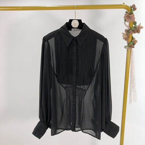 Modern fekete tüll ing gombokkal és klasszikus gallérral