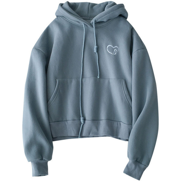 Fekete-kék női pulóver hímzéssel és kapucnival