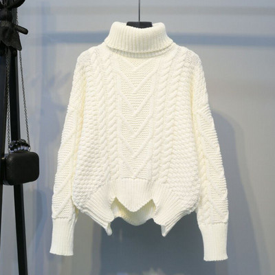 Modern női téli pulóver magas gallérral, aszimmetrikus mintával