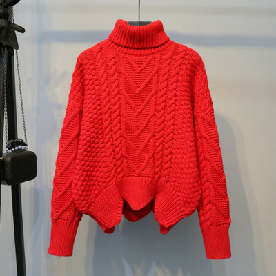 Modern női téli pulóver magas gallérral, aszimmetrikus mintával