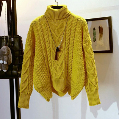 Modern női téli pulóver magas gallérral, aszimmetrikus mintával