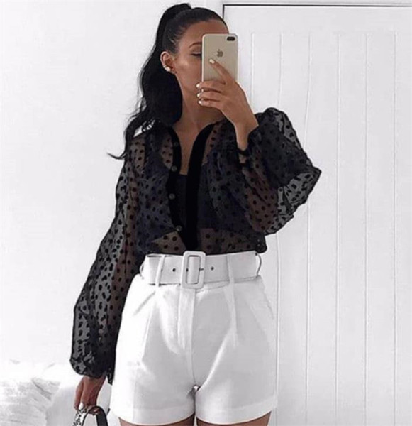 Modern női átlátszó ing, hosszú ujjal és gombokkal fekete színben