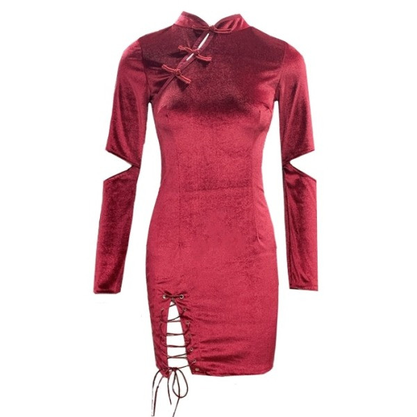 Modern női ruha caddy-ből, nyakkendővel és hosszú ujjú fekete és bordó színben