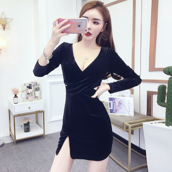 Rochie elegantă de damă, cu decolteu cu crestătură și spitz, în negru și albastru