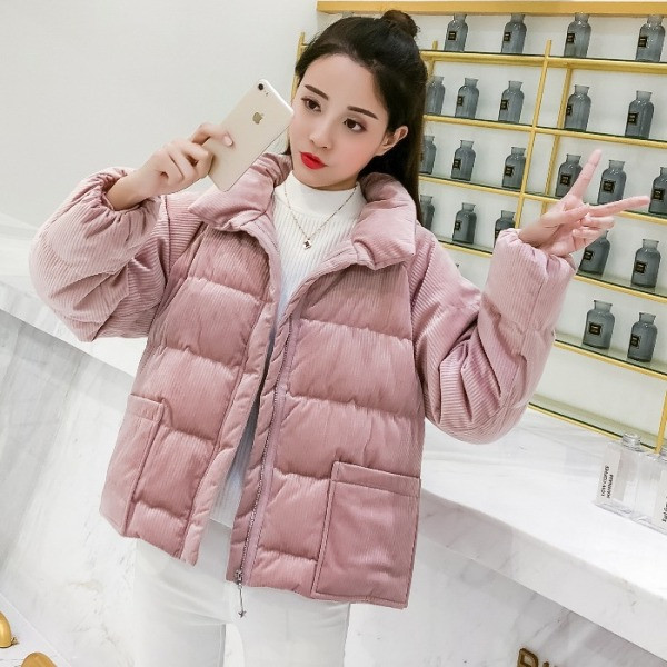 Rövid téli kordbársony kabát rózsaszín és fekete zsebekkel