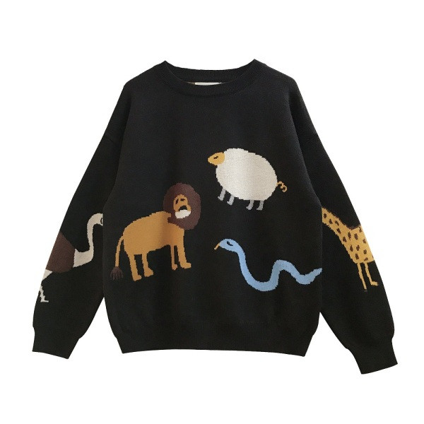 Női téli pulóver kerek nyakkivágással, színes hímzéssel